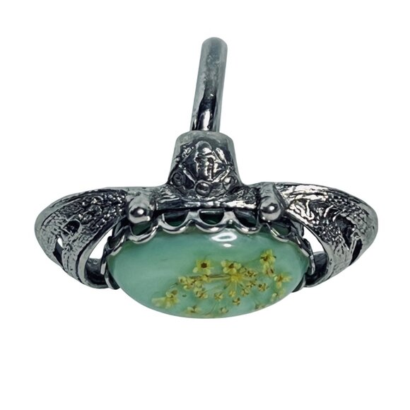 Silver Tone Adjustable Ring With Green Lucite Floral Oval Design (R466) - Picture 6 of 6